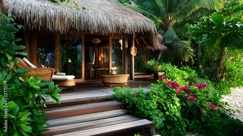 A luxurious beachfront bungalow with thatched roof and wooden deck, surrounded by lush greenery and vibrant tropical flowers