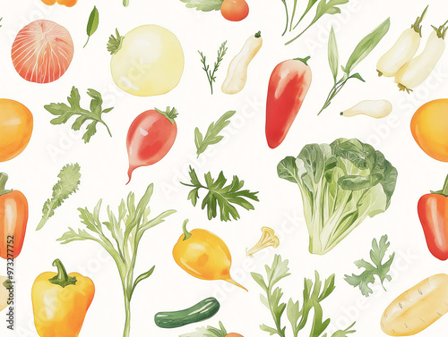 Subtle seamless pattern with watercolor-style vegetables on a light background. Ideal for organic-themed designs, food packaging, or botanical decor.