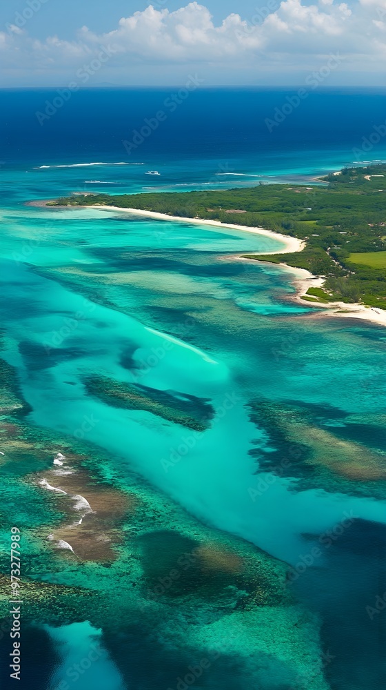 Fototapeta premium An aerial view of the turquoise waters meeting the white sandy beaches of a Caribbean island