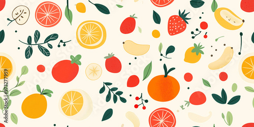 Seamless pattern of various fruits including oranges, strawberries, and leaves in a minimalist design on a light background. Ideal for fresh, natural, and healthy themed projects.