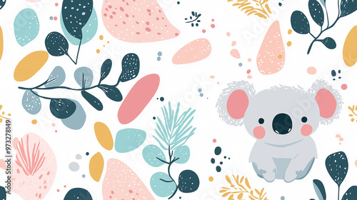 Playful seamless pattern featuring a koala surrounded by leaves and abstract shapes, with pastel colors. Ideal for children's designs, textiles, and wallpapers.