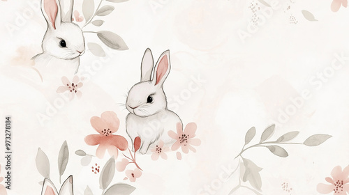 Delicate seamless pattern with rabbits and flowers in soft pastel colors, creating a gentle and charming design. Perfect for textiles, wallpapers, and children's rooms.