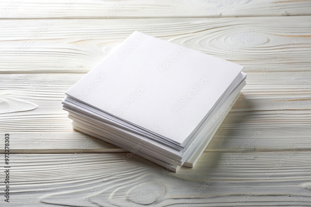 Fototapeta premium Close-up of square paper sheets stack on white wooden table