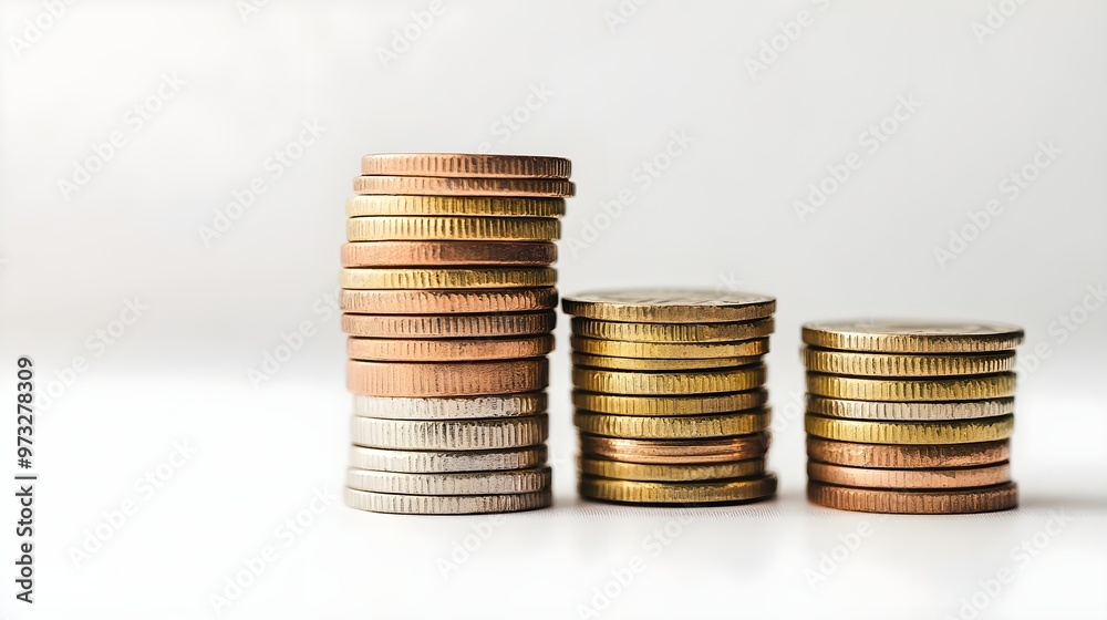 A stack of euro coins arranged neatly on a light solid color surface, emphasizing their texture and shine A stack of euro coins arranged neatly on a light solid color surface, emphasizing their texture and shine