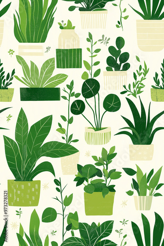 Seamless pattern with various potted plants in green tones on a light background, creating a fresh and lively design. Ideal for home decor, textiles, and wallpapers.