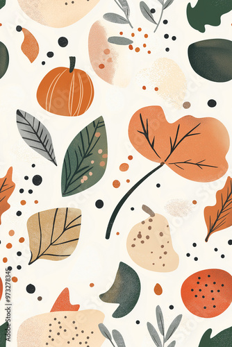 Autumn-inspired seamless pattern with leaves, pumpkins, and abstract shapes in warm earthy tones, including orange, brown, and green, on a light beige background.