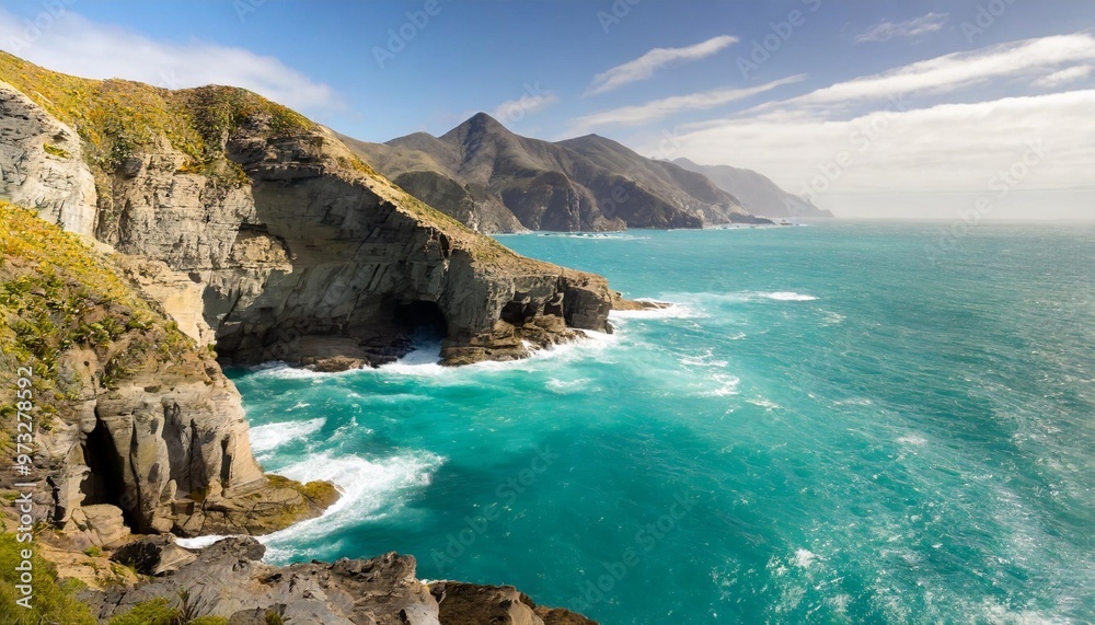 Fototapeta premium Dramatic Cliffs Overlooking Turquoise Ocean, Capturing the Power of Nature's Forces