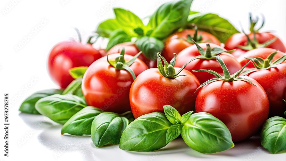Close-up of tomatoes with green basil leaves on white background Macro Close-up of tomatoes with green basil leaves on white background Macro
