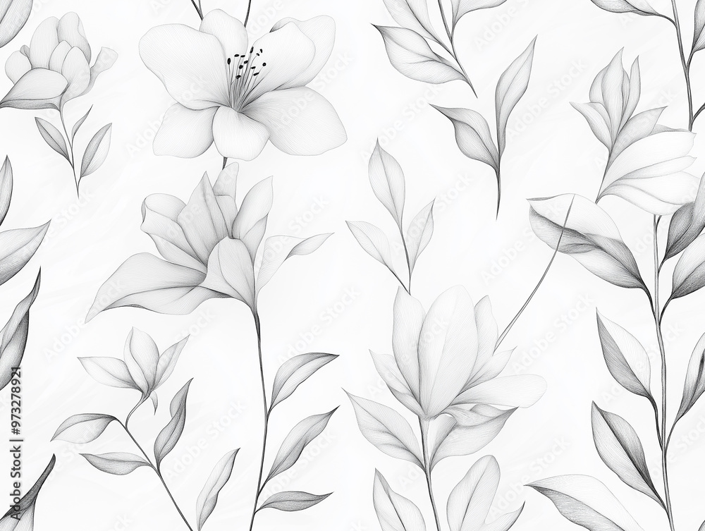 Fototapeta premium Elegant seamless pattern of black and white floral designs with delicate shading, featuring blooming flowers and leaves on a light background.