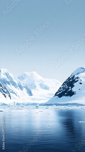 A panoramic view of a sprawling Antarctic landscape with snow-covered mountains and a serene horizon