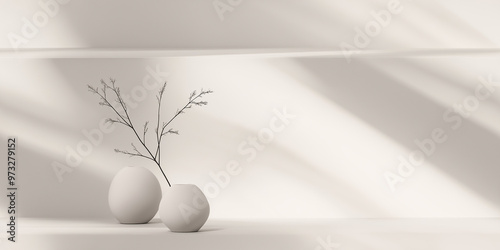 Minimalistic composition with white vases and a delicate branch against a soft, neutral background with subtle shadows, emphasizing simplicity and calmness.