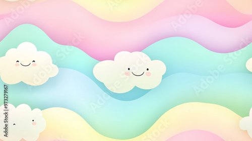 Seamless pattern with pastel clouds and soft gradients in a rainbow palette. The design is light and cheerful, evoking a sense of peace and happiness.