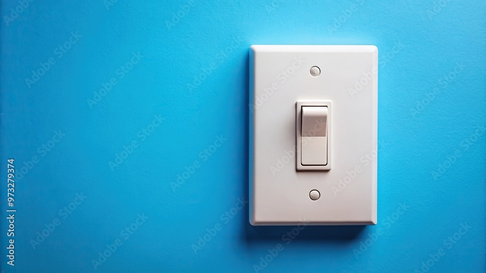 Closeup of white light switch reflected in blue background Closeup of white light switch reflected in blue background