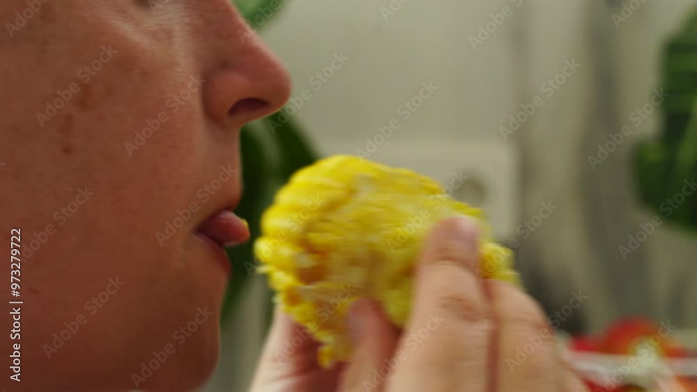 Woman eats boiled corn at the kitchen Woman eats boiled corn at the kitchen