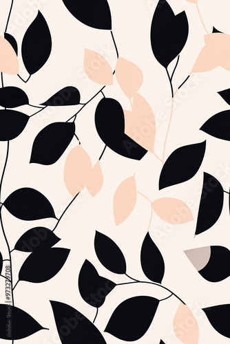 Minimalist seamless pattern of black and soft pink leaves on a light background. The design is clean and elegant, ideal for modern and understated applications.