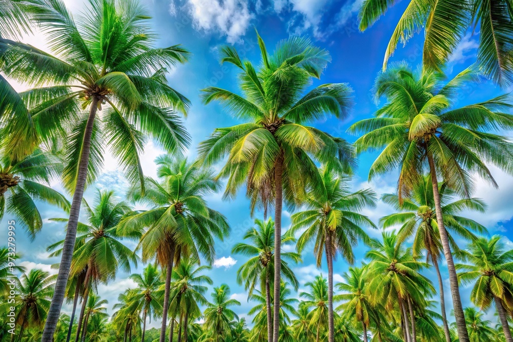 Close-Up palm trees with blue sky background peaceful vacation holiday backgrounds Close-Up palm trees with blue sky background peaceful vacation holiday backgrounds