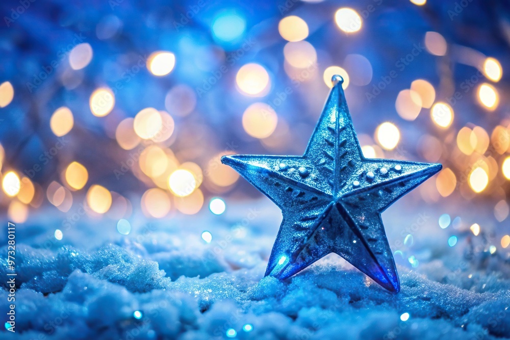 Close-up photo of a frozen star ornament illuminated by blue winter lights