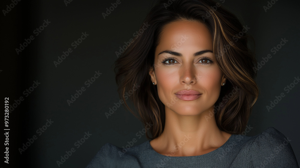 An ultra-realistic portrait of a 39-year-old Latina woman, her dark chestnut hair styled neatly at shoulder length, wearing a tailored grey business dress, exuding confidence and s An ultra-realistic portrait of a 39-year-old Latina woman, her dark chestnut hair styled neatly at shoulder length, wearing a tailored grey business dress, exuding confidence and s