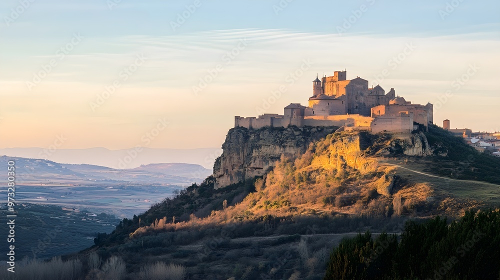 A panoramic view of a historic castle perched on a hill, with a clear sky and soft light illuminating its architectural features A panoramic view of a historic castle perched on a hill, with a clear sky and soft light illuminating its architectural features