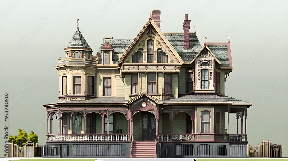 Fototapeta premium A grand Victorian mansion with intricate woodwork and ornate gables, set against a light pastel background