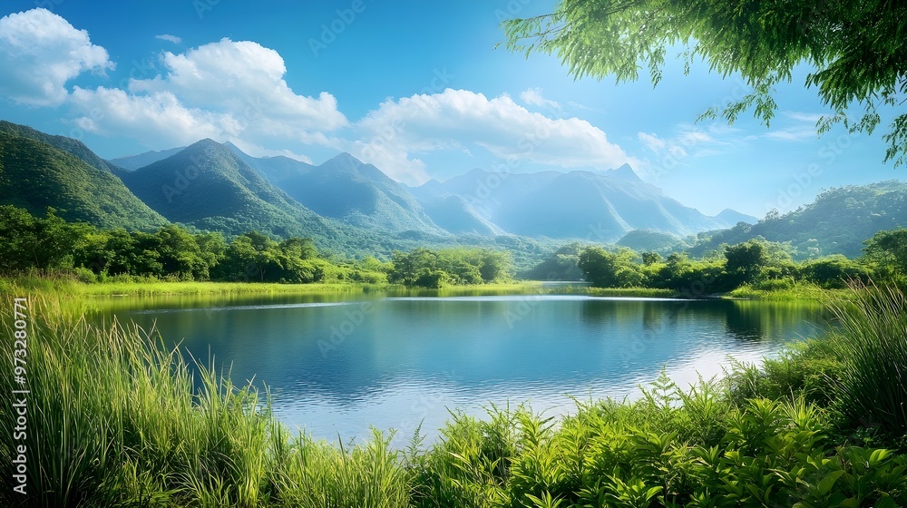 Fototapeta premium A serene landscape featuring a tranquil lake surrounded by lush greenery, with mountains in the background and a clear blue sky