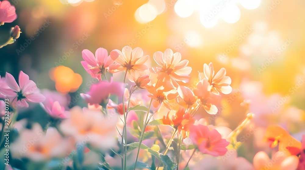 Obraz premium A close-up of a vibrant flower garden in full bloom, with sunlight filtering through the petals against a soft backdrop