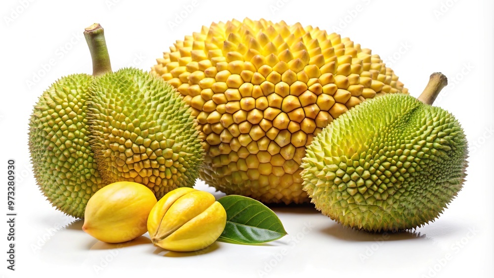Close-Up Ripe Jackfruit with bulbs isolated on white background Close-Up Ripe Jackfruit with bulbs isolated on white background