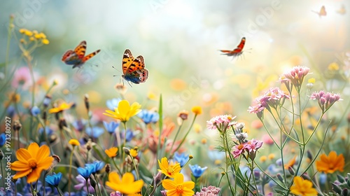 A vibrant butterfly flies over a field of colorful flowers.