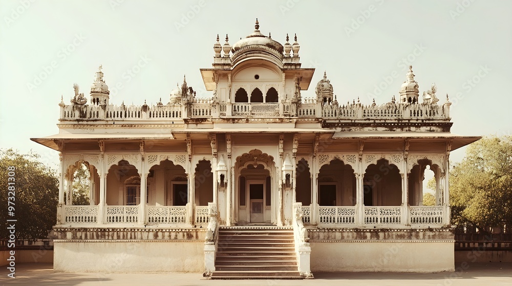 Fototapeta premium A beautifully preserved historic building with intricate architectural details, set against a light solid color background, showcasing its grandeur and elegance
