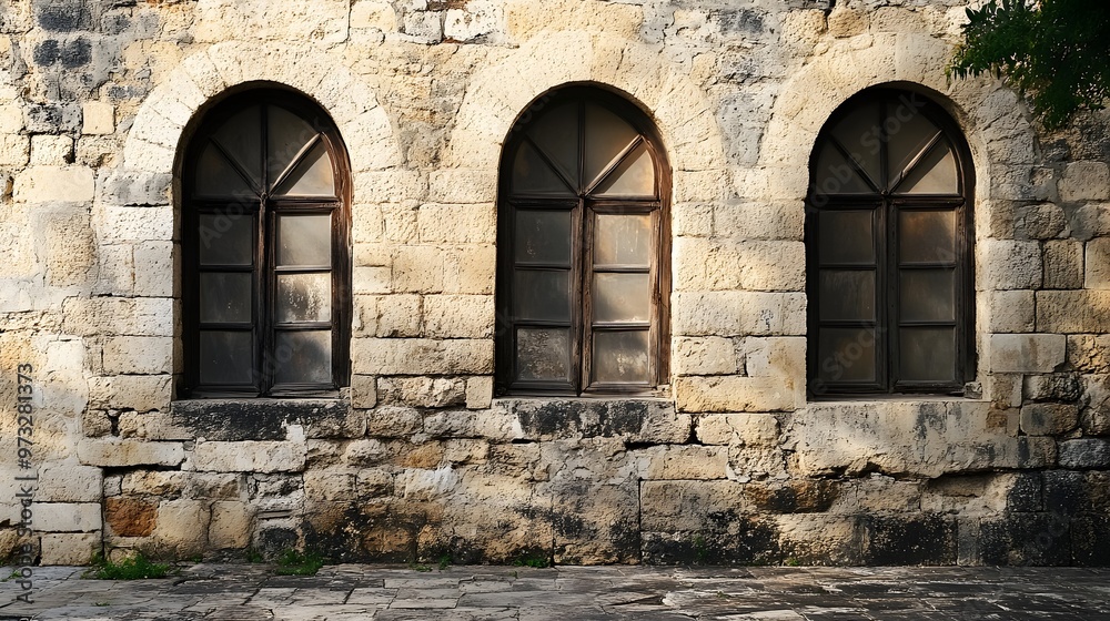 A charming old stone structure, featuring arched windows and a weathered facade, highlighted by soft natural light on a plain background A charming old stone structure, featuring arched windows and a weathered facade, highlighted by soft natural light on a plain background
