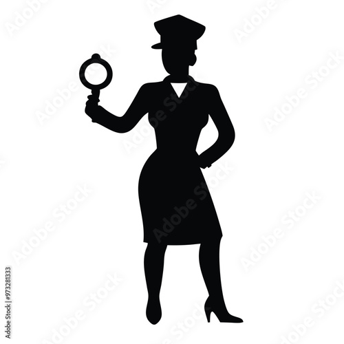 a beautiful policewoman holding with a handcuff, vector silhouette illustration,  