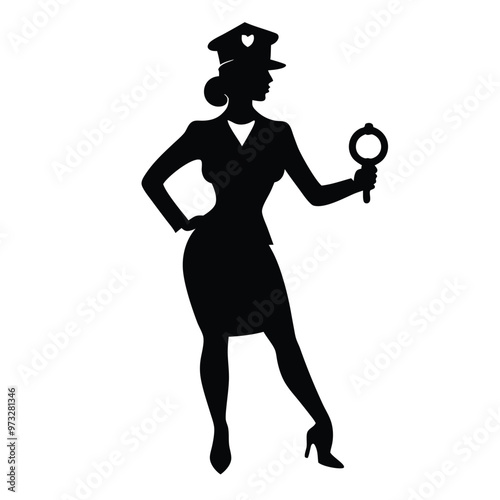 a beautiful policewoman holding with a handcuff, vector silhouette illustration,  