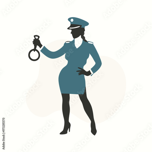 a beautiful policewoman holding with a handcuff, vector silhouette illustration,  