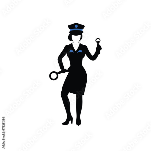 a beautiful policewoman holding with a handcuff, vector silhouette illustration,  