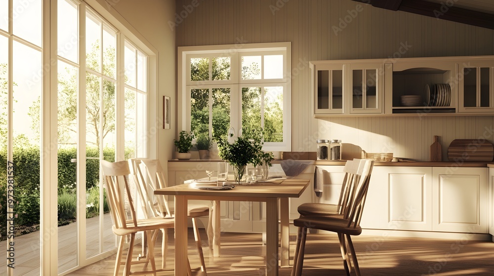Obraz premium A cozy kitchen nook with a wooden table and chairs, surrounded by neutral-toned walls and ample natural light