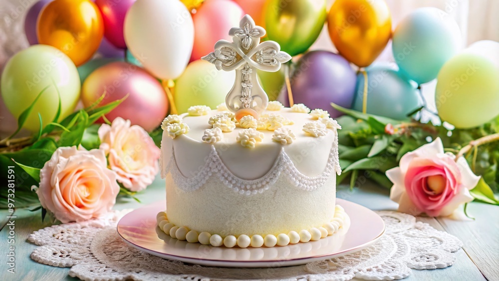 A beautifully decorated confirmation cake features a cross, candies, and ornate piping, resting on a lace tablecloth surrounded by festive balloons and fresh flowers. A beautifully decorated confirmation cake features a cross, candies, and ornate piping, resting on a lace tablecloth surrounded by festive balloons and fresh flowers.