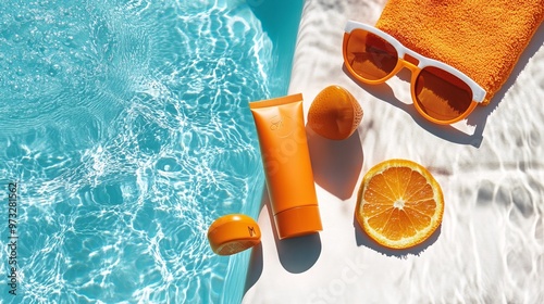 Vibrant orange beach essentials bask in the sunshine beside an inviting pool. Sun cream shields skin from harmful rays, stylish sunglasses protect eyes photo