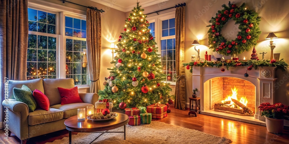 A beautifully decorated live Christmas tree stands tall in a cozy living room, adorned with vibrant ornaments, A beautifully decorated live Christmas tree stands tall in a cozy living room, adorned with vibrant ornaments,
