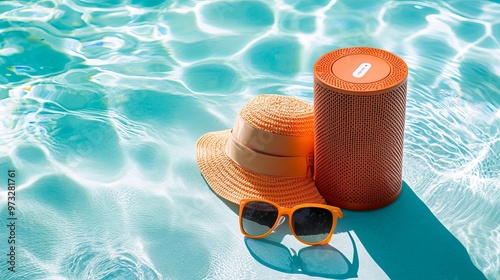 Vibrant orange beach essentials bask in the sunshine beside an inviting pool. Sun cream shields skin from harmful rays, stylish sunglasses protect eyes photo