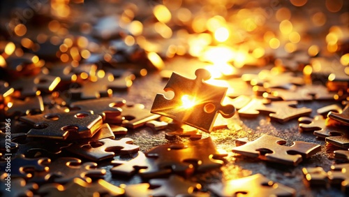 A blurred close-up of a half-completed puzzle piece, with scattered fragments and a warm, golden lighting, symbolizing incomplete projects or unfinished business. photo