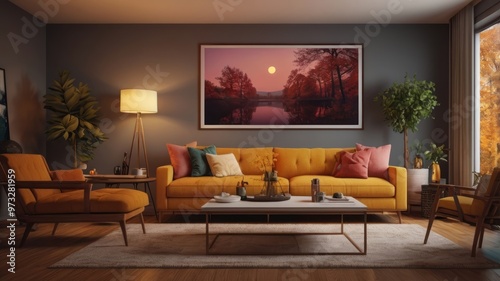 Scandinavian living room with mustard sofa in autumn edition, romantic evening with mood lighting