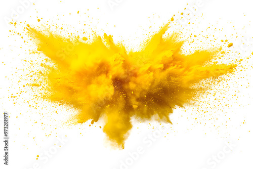 explosion of dry yellow paints on a transparent background. cloud and paint particles. Holi paint photo