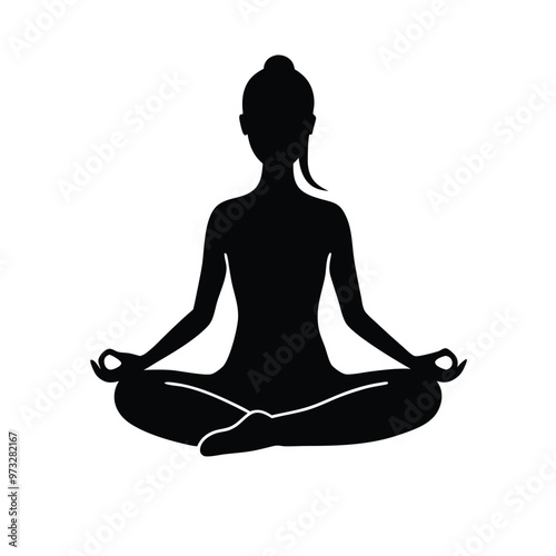 a yoga girl sitting in yoga pose , vector silhouette illustration, isolated white background 
