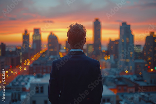 A businessman gazes at a vibrant sunset over a city skyline, reflecting on his journey during twilight