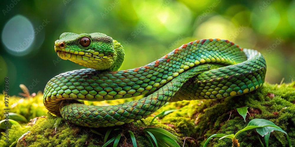 Obraz premium A camouflaged bush viper snake coils on a moss-covered branch, its scaly body blending seamlessly into the lush
