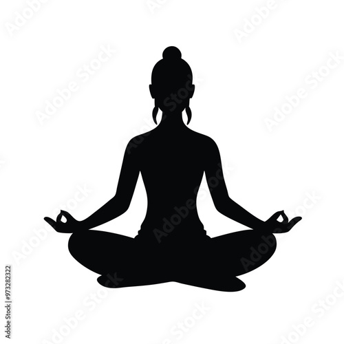 a yoga girl sitting in yoga pose , vector silhouette illustration, isolated white background 