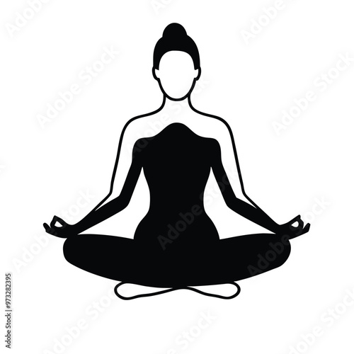 a yoga girl sitting in yoga pose , vector silhouette illustration, isolated white background 