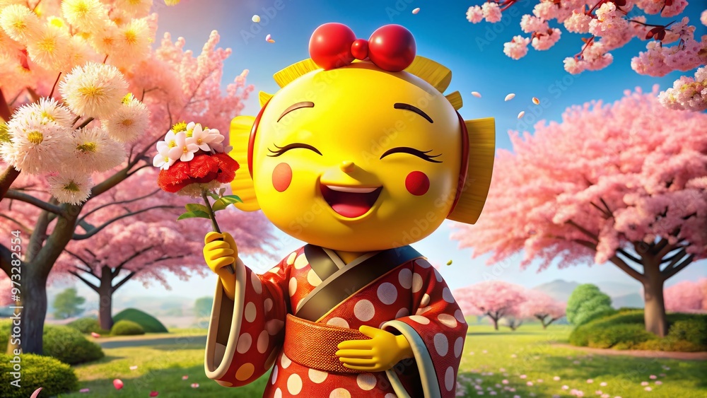 Fototapeta premium A cheerful, bright yellow cartoon character with a wide grin and closed eyes, dressed in a traditional Japanese kimono, holding a giant red cherry blossom.