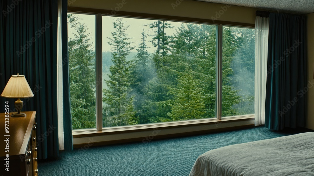 Fototapeta premium Large windows showcase a misty forest view in this inviting bedroom, complete with a comfortable bed and soft lighting creating a peaceful atmosphere