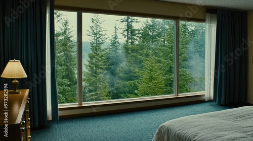 Large windows showcase a misty forest view in this inviting bedroom, complete with a comfortable bed and soft lighting creating a peaceful atmosphere